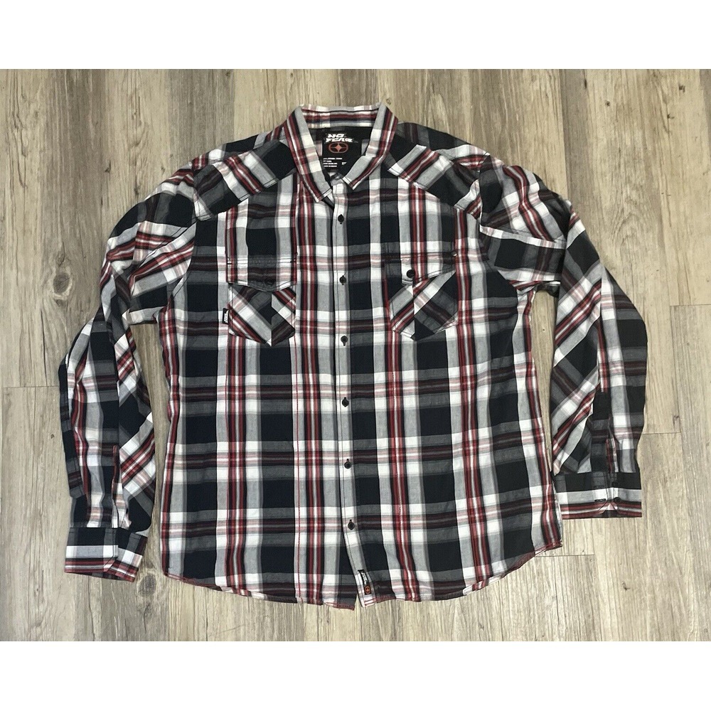 Vintage No Fear 90s Mens Sz L Medium Flannel Shirt Blue Plaid Pockets
